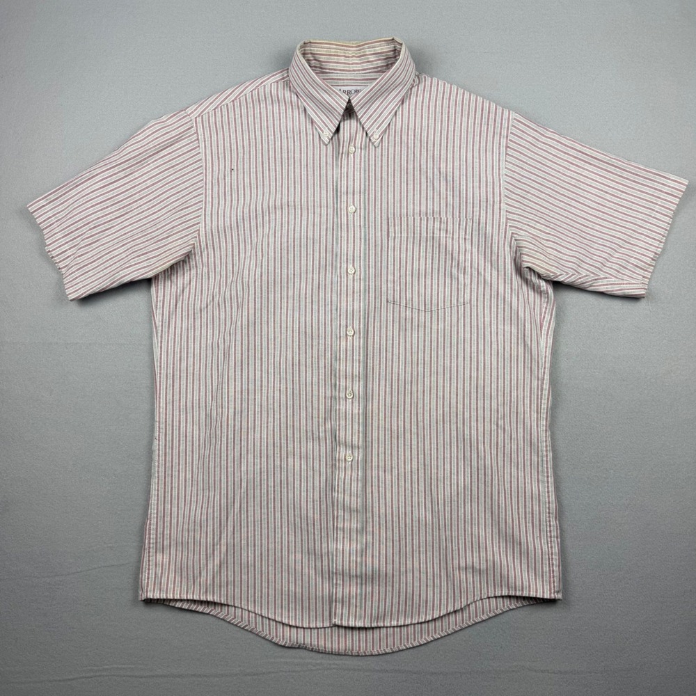 Vintage Arrow Men 16 Red White Striped Dover Short Sleeve Button Down Shirt OCBD